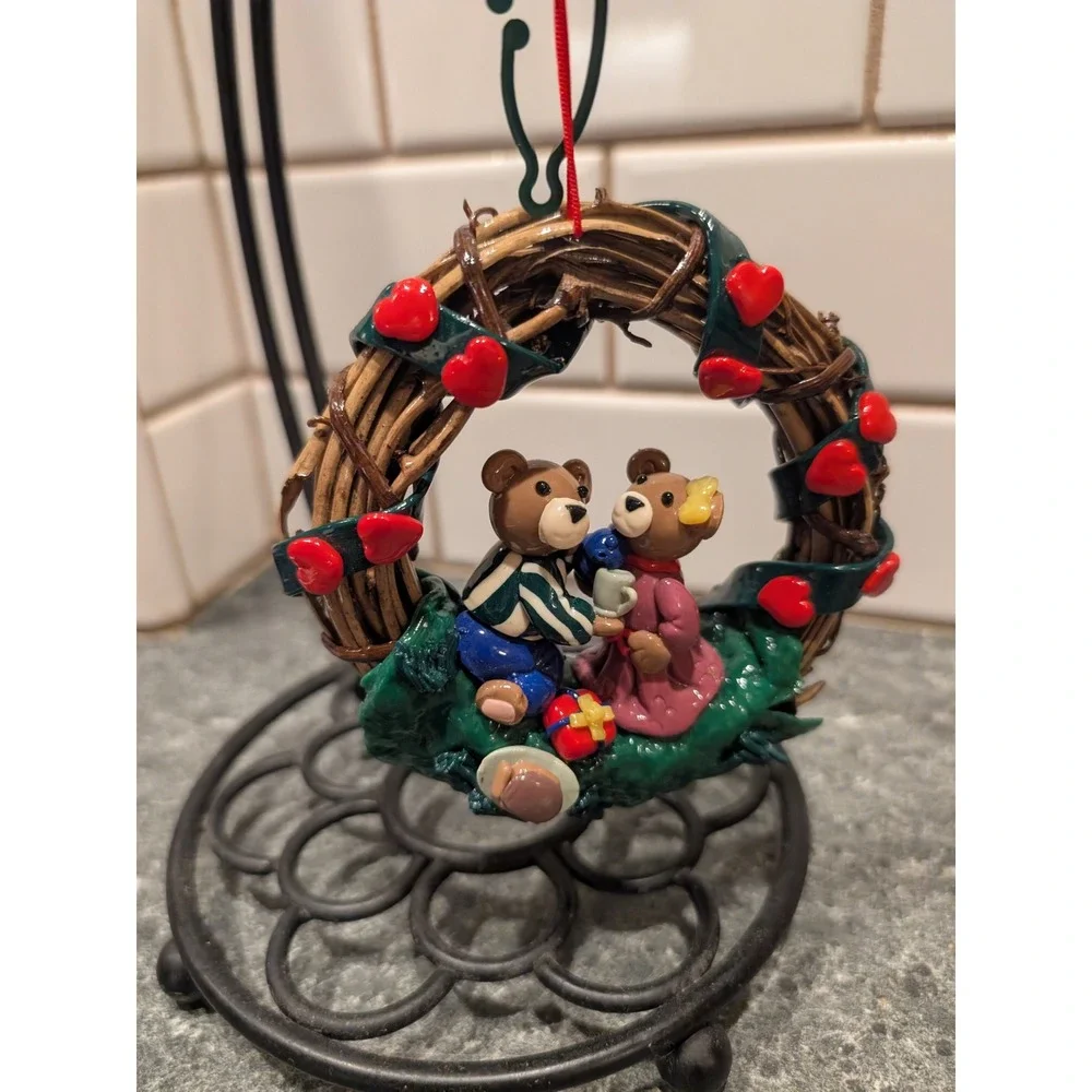 Adorable Vintage Teddy Bear Couple Wreath Ornament Valentine Holiday‎ Decor